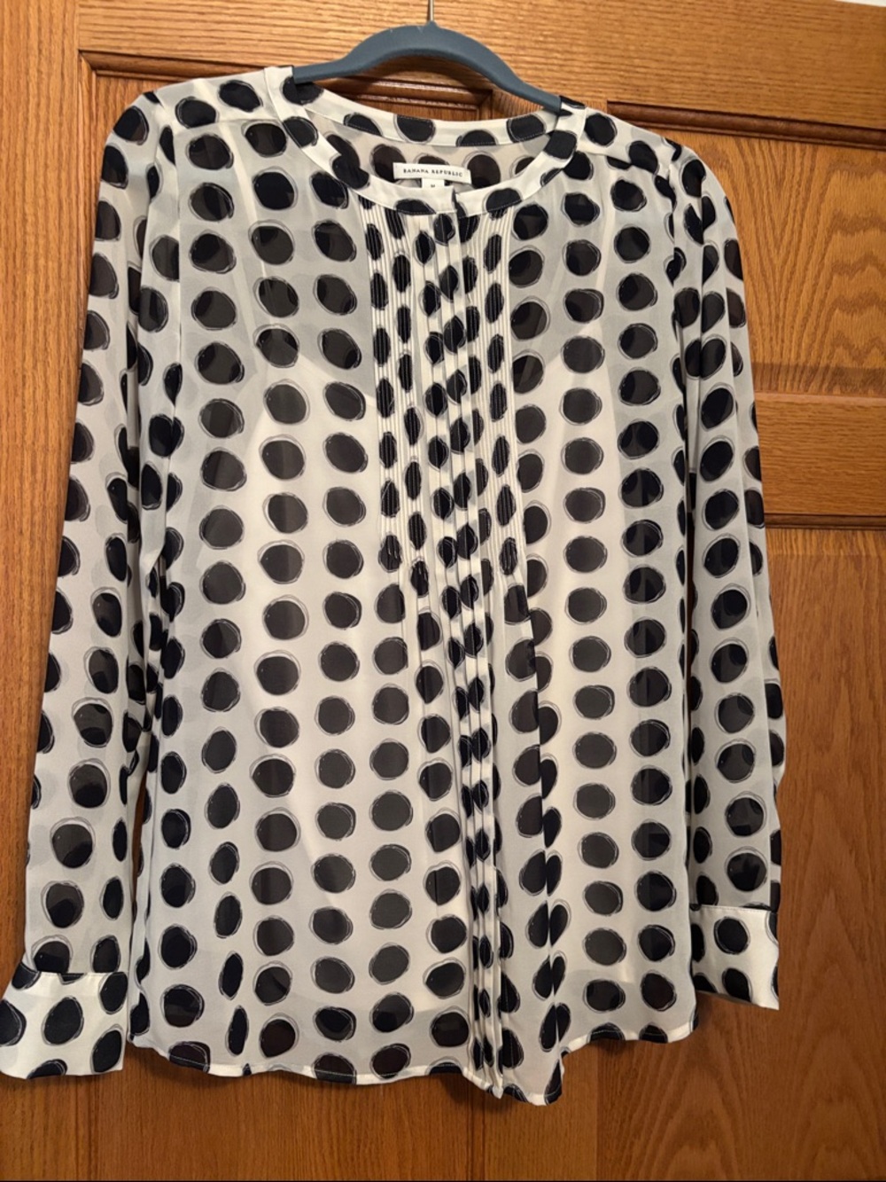 Banana Republic White Blouse with Black Polka Dots and Pintuck Front